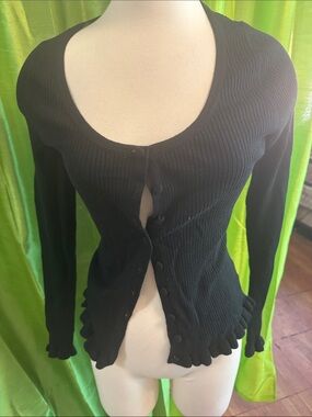 Black Ribbed Button-Front Knit Cardigan